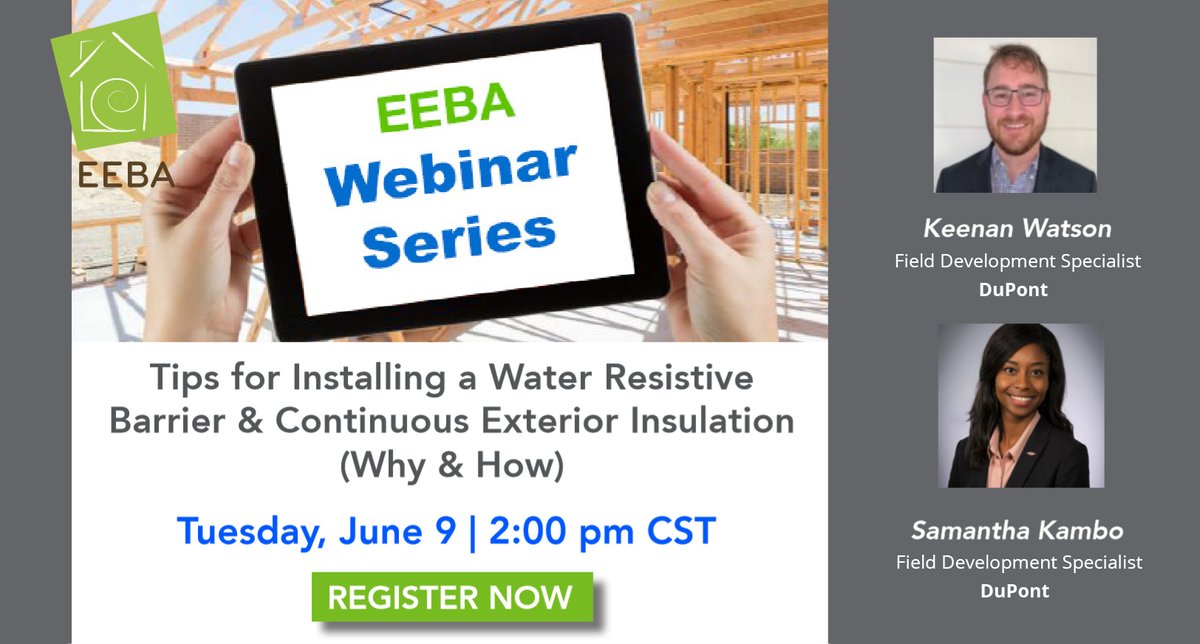 GoEEBA's tweet photo. Join us next Tuesday to hear "Tips for Installing a Water Resistive Barrier & Continuous Exterior Insulation" with Keenan Watson and Samantha Kambo from @DuPont_News
#healthyhomes #goeeba #dupont
Link: https://t.co/ttUodEAKvG https://t.co/sdzZ67G3cU
