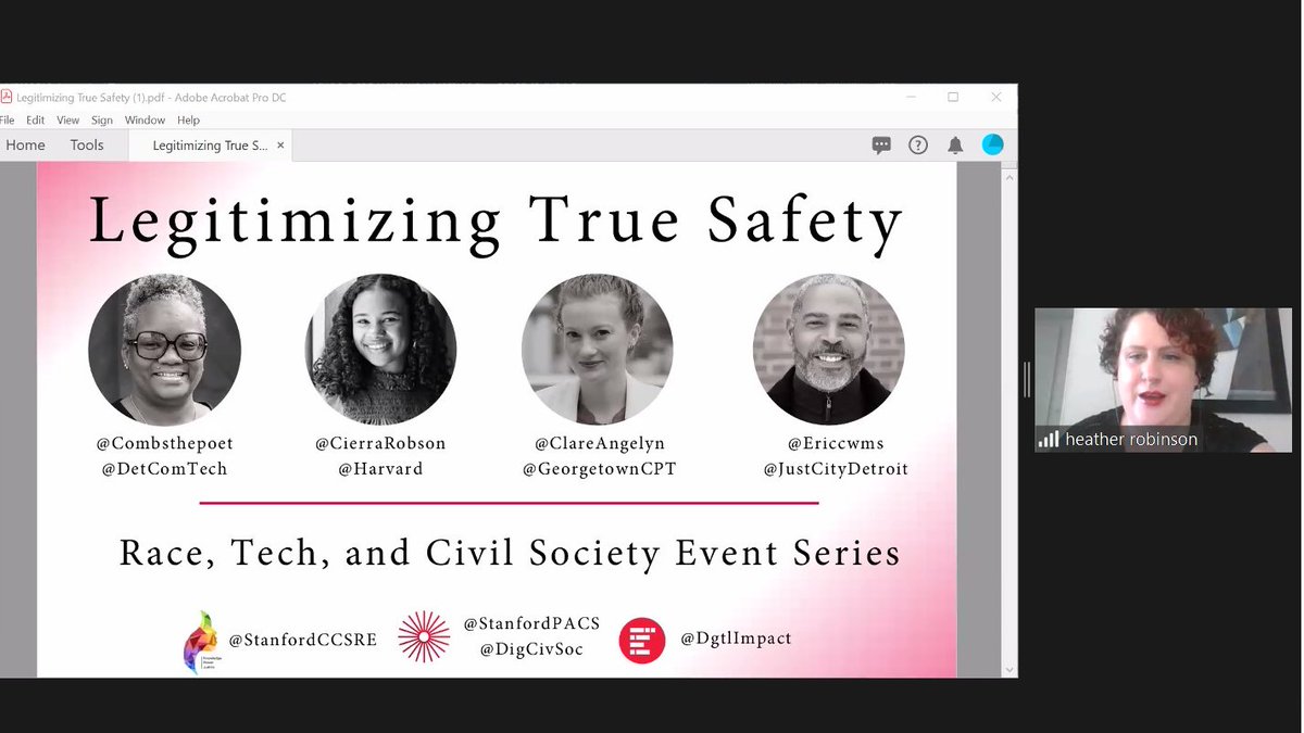 SawakoSono's tweet image. Heather Robinson of @StanfordPACS @DigCivSoc is opening.  Acknowledging this is a horribly difficult time, and thinking through what really makes us safe?  Examples of both criminizalization of black &amp;amp; brown communities, and successful peaceful protests will be shared.#RaceTechCS