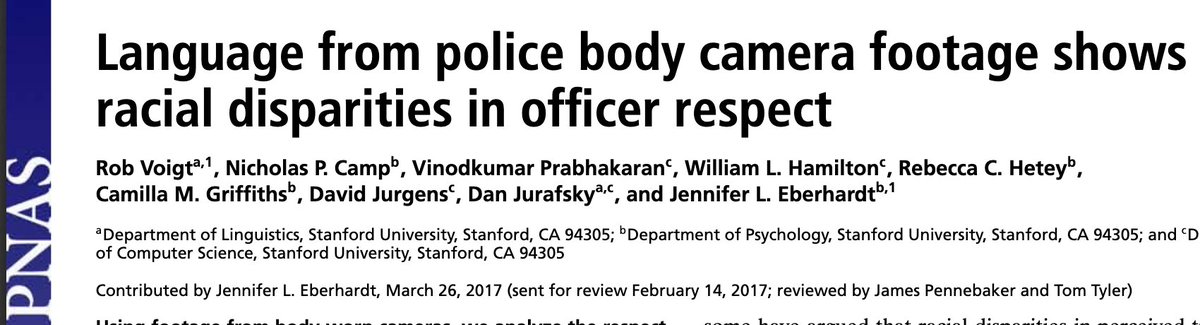 2/ "We observe racial disparities in officer respect even in police utterances from the initial 5% of an interaction, suggesting that officers speak differently to community members of different races even before the driver has had the opportunity to say much at all."