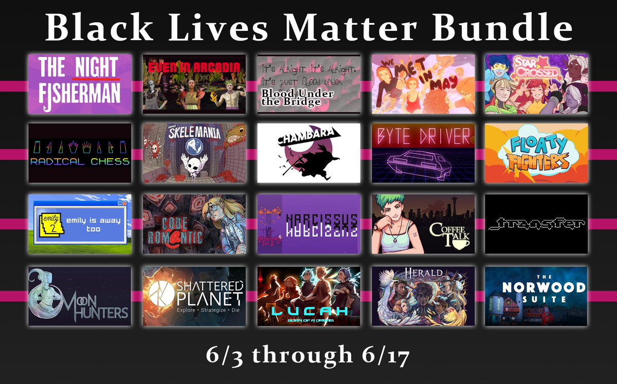 18 teams of independent developers have come together to support #BlackLivesMatter and the National Bail Fund Network.

We stand with the Black community.
Join us in the fight for racial justice and get 20 awesome games. 🖤

itch.io/b/513/black-li…
