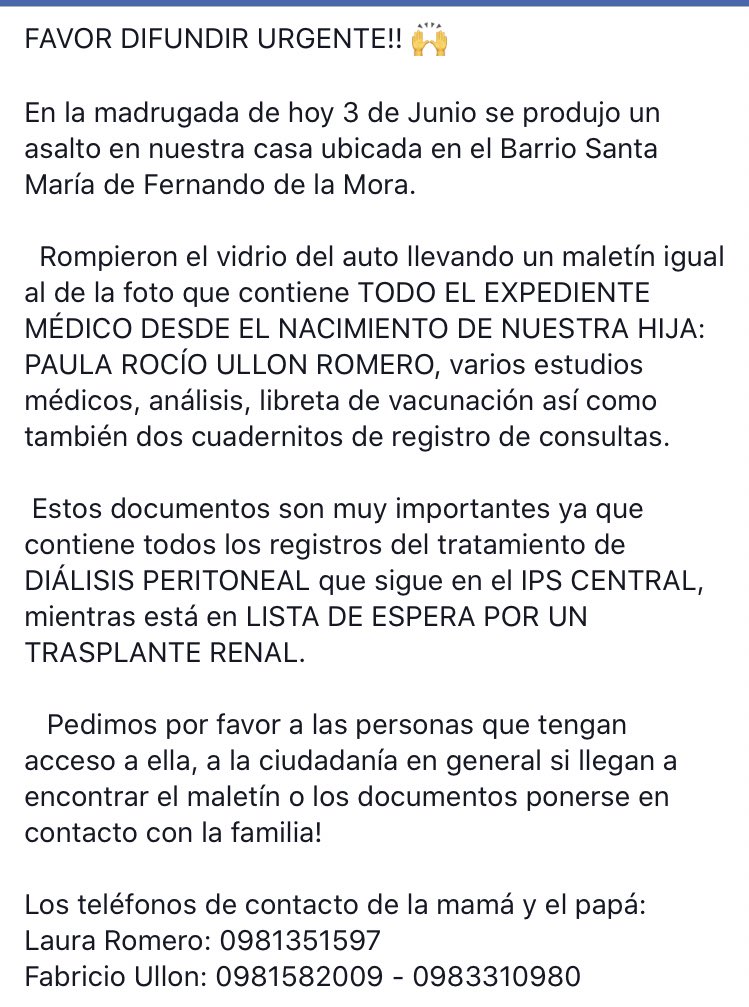 AniiUllon's tweet photo. El día de hoy robaron un maletín con los expedientes médicos de mi sobri 💔 ella está en lista de espera para un transplante renal ! Porfavor es de suma urgencia encontrar el maletín.. si me ayudan con un RT 🙏🏻🙏🏻 https://t.co/N1U7gNUFzL