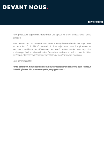 Jeunes_IHEDN's tweet photo. [#DevantNous🚀] J+7 après la sortie de notre rapport, fruit d'une réflexion collective sur la crise que nous vivons. 

Il en résulte 32 ambitions pour le futur &amp; un plaidoyer pour l'inclusion de la #jeunesse dans les politiques qui façonneront notre avenir. Nous sommes prêts ! https://t.co/yZAqkJxbFG