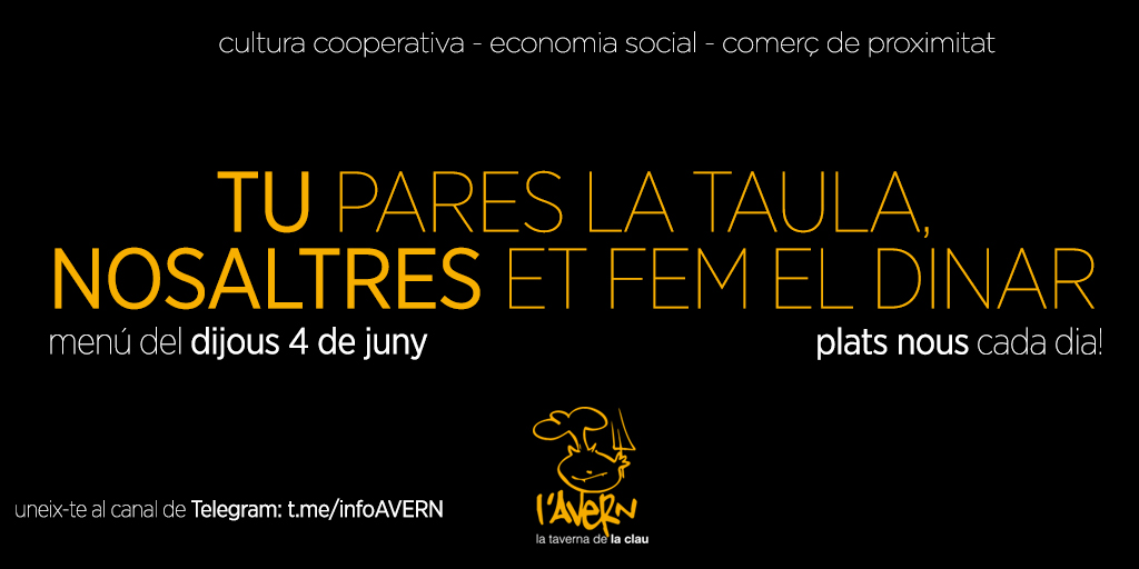 #tAVERNeja | 👉Encara no has decidit què dinar demà? A l'Avern t'ho posen fàcil, #TuParesLaTaulaNosaltresEtFemElDinar

Et deixem el menú de demà dijous [FIL]👇