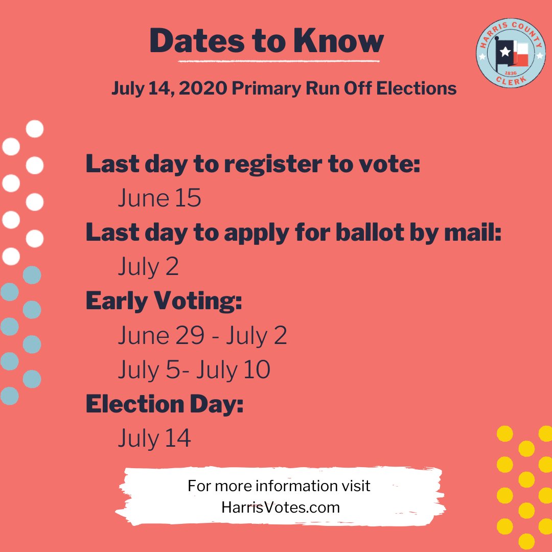 HarrisVotes's tweet photo. The #PrimaryRunoffElections are July 14, 2020! #KnowYourDates to ensure your voice is heard! Visit https://t.co/UnDVEDlunk for more information. #HarrisVotes https://t.co/OUdeP6bZ4V