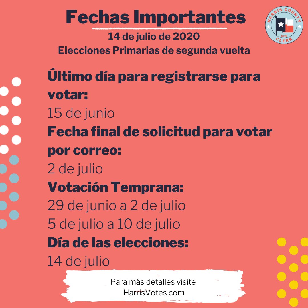 HarrisVotes's tweet photo. The #PrimaryRunoffElections are July 14, 2020! #KnowYourDates to ensure your voice is heard! Visit https://t.co/UnDVEDlunk for more information. #HarrisVotes https://t.co/OUdeP6bZ4V