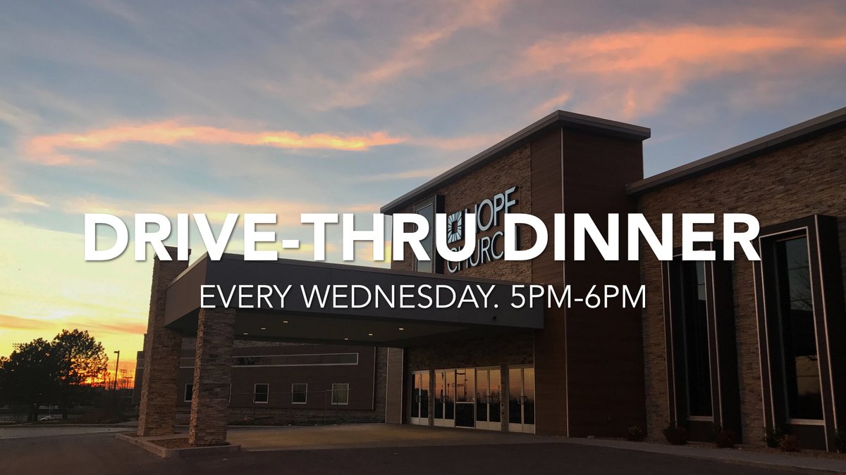 Free Drive-Thru Dinner is happening TONIGHT from 5 - 6pm! 
Hope Staff will be passing out food along with love and encouragement and we want to see YOU! Ministry Team members will also be available and would love to pray with you!

We'll see you soon!
