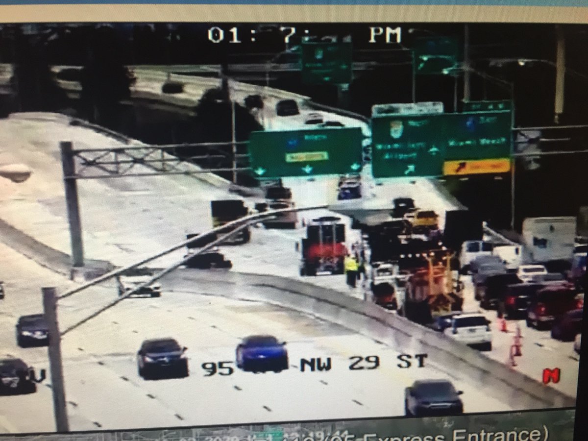 RenoGrant's tweet photo. Drivers heading out of Downtown Miami! A crash involving hazardous materials, NB 95 at the 112/195, blocking all lanes! Traffic being diverted at the 112/195 ramps. N Miami Ave among your workarounds. @wsvn @TotalTrafficMIA https://t.co/lgpC7OxOVo
