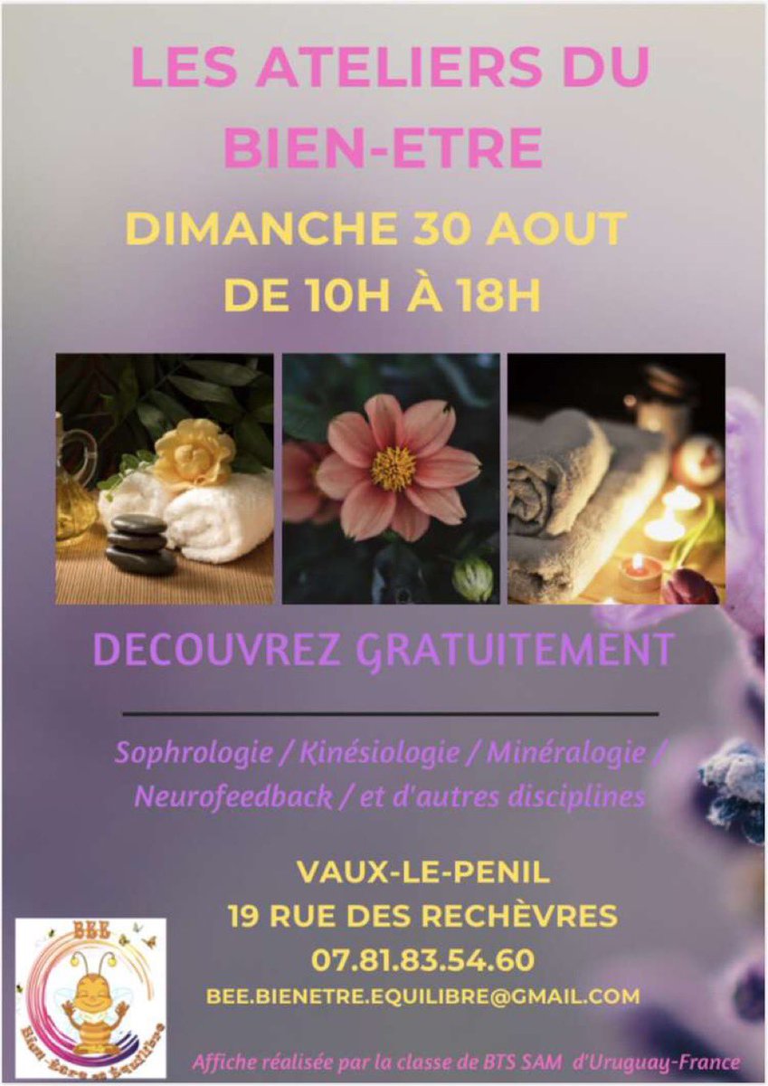 Venez nombreux à notre événement le dimanche 30 Août entre 10h et 18h pour découvrir gratuitement des activités de sophrologie, kinésiologie et d’autres encore !

#Vauxlepénil #bienetre