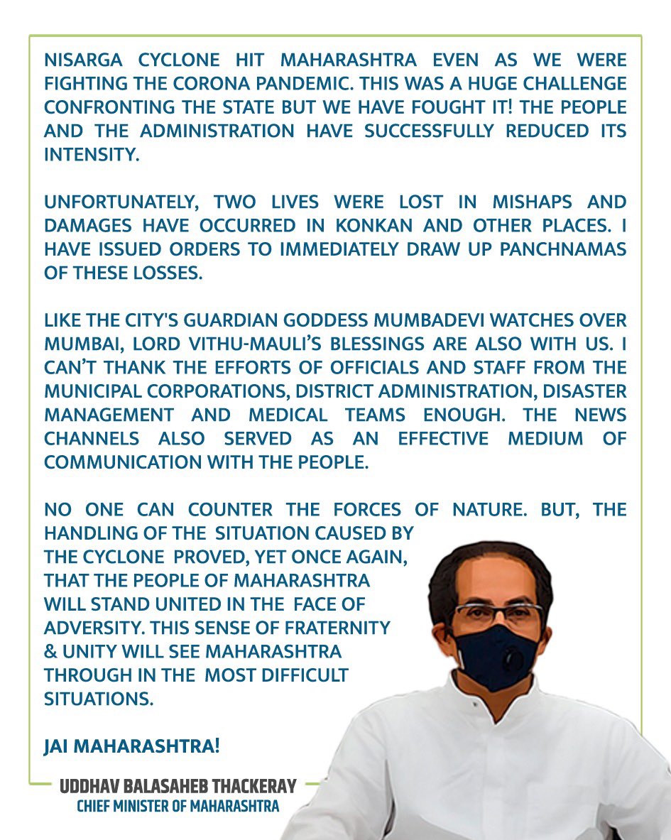 CMOMaharashtra's tweet photo. CM Uddhav Balasaheb Thackeray has thanked all those who have safeguarded Mumbai and Maharashtra from #CycloneNisarga 

In his letter the Chief Minister said; https://t.co/CHy0s6MpuW