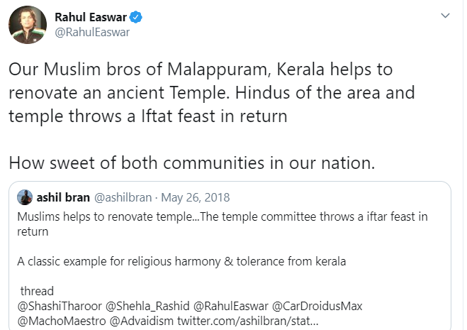 niyazkollam's tweet photo. Those who are trying to brand Malappuram as a violent district for a tragic death of an elephant in Palakkad, please see this tweet @RahulEaswar a right wing activist. https://t.co/Wz55klhdnD
