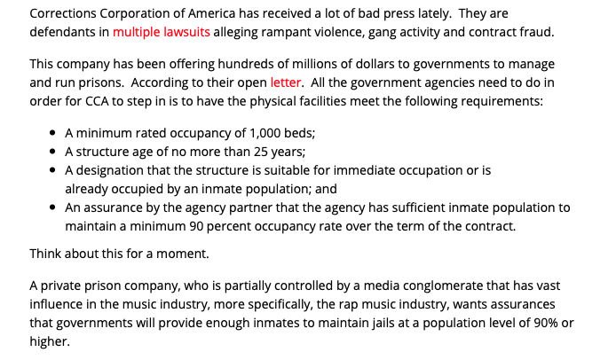 BraydenSutton's tweet image. Would the people even believe that a public company that owns media companies with rap artists who promote violence in their music, also owns many private (full) US prisons filled with young minorities? $CXW $GEO #VerticallyIntegrated It's likely in your ETF/Mut funds too, FYI.
