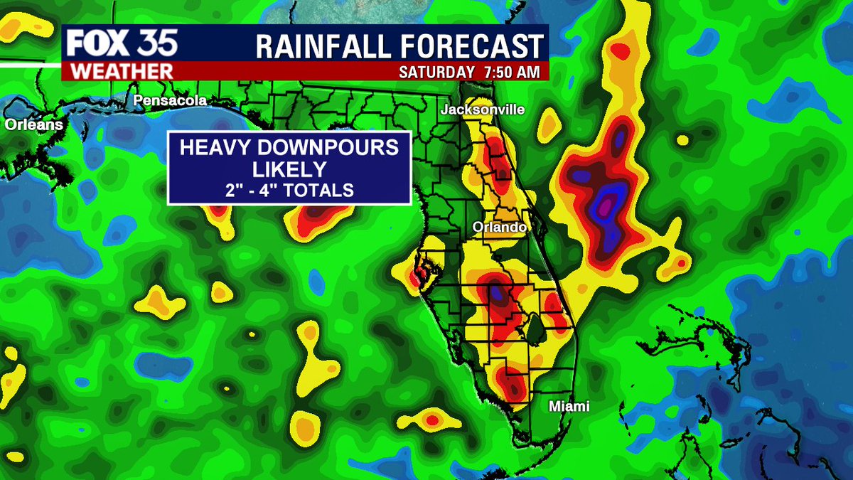 fox35stormteam's tweet photo. Heavy downpours likely for the next several days.  Through Saturday morning as much as 4 inches of rain is possible.  #FOX35 https://t.co/8HD8rftqtQ