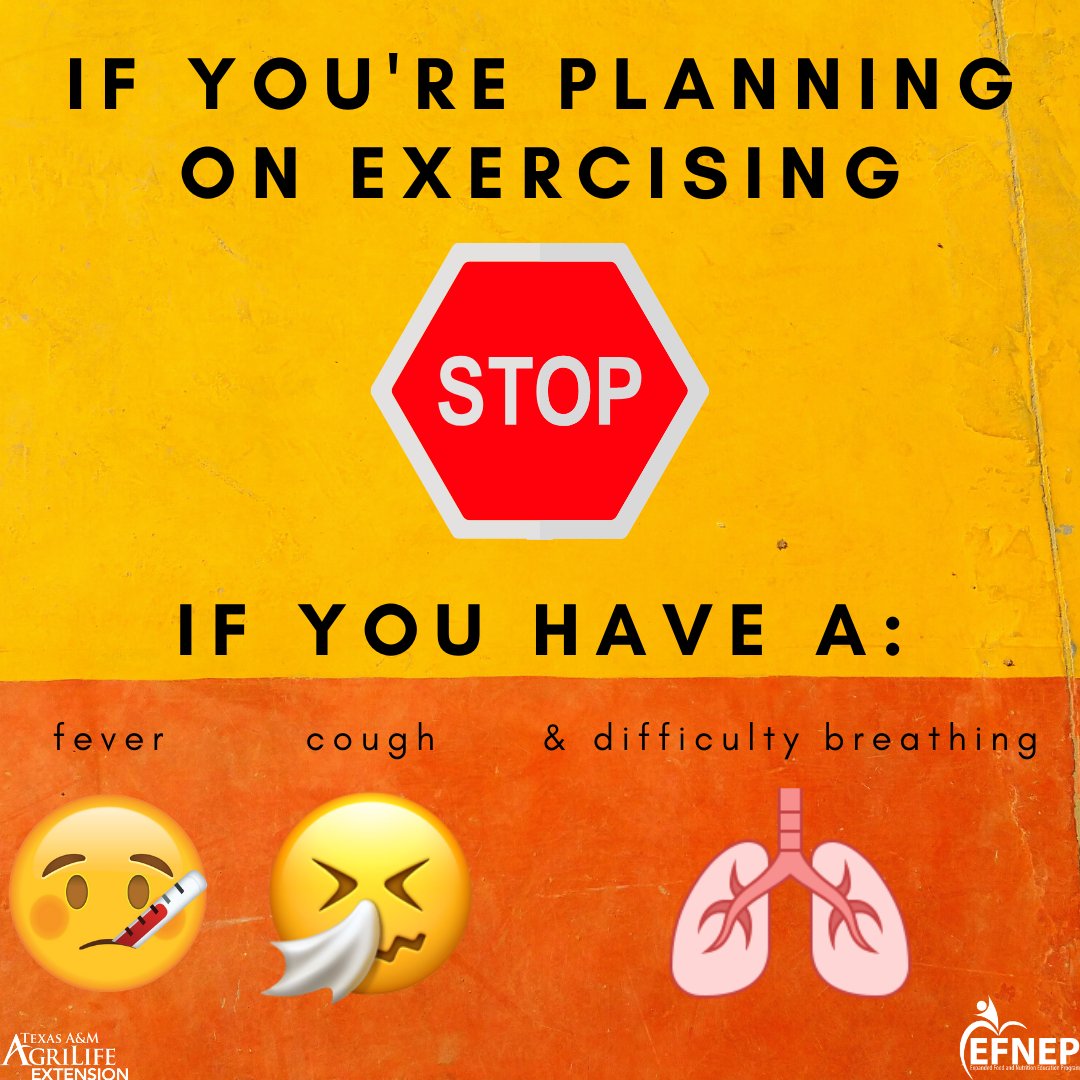 How to stay safe while exercising during COVID-19: 
Do not exercise if you have a fever, cough and difficulty breathing. 
Stay home and rest, seek medical attention and call in advance.
Follow the directions of your local health authority 👍
Source: who.int/emergencies/di…
#EFNEP