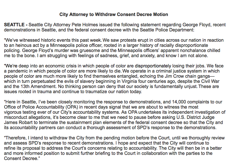 WOOOOW. Seattle City Attorney Pete Holmes says city will withdraw consent decree motion:
