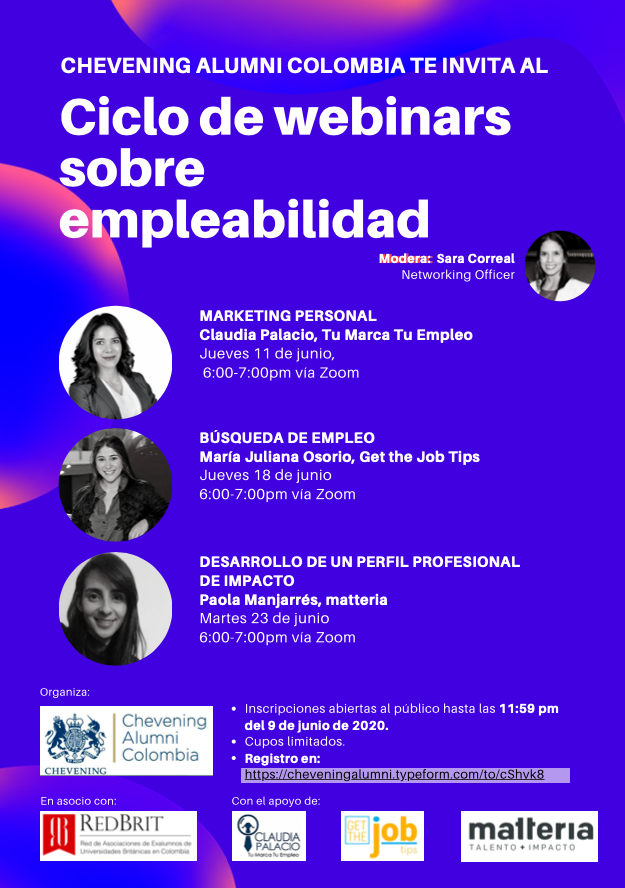 CheveningCol's tweet photo. #Chevening Alumni Colombia te invita a un ciclo de #webinars sobre #empleabilidad que te ofrecerá herramientas para prepararte de la mejor manera. 

Registro (9 de junio) en: https://t.co/tCWZ1rAEq1

@Colin_M_R @UKinColombia @BritChamColomb1 @CheveningAA @cheveningfco @RedBritCo https://t.co/SF3esoXo3Z