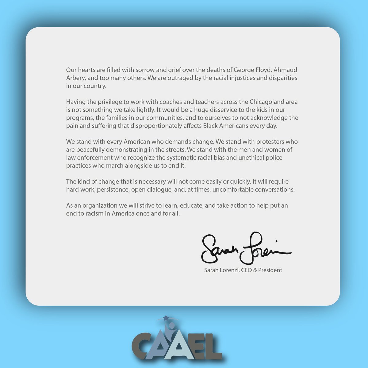 A message from CAAEL President Sarah Lorenzi....