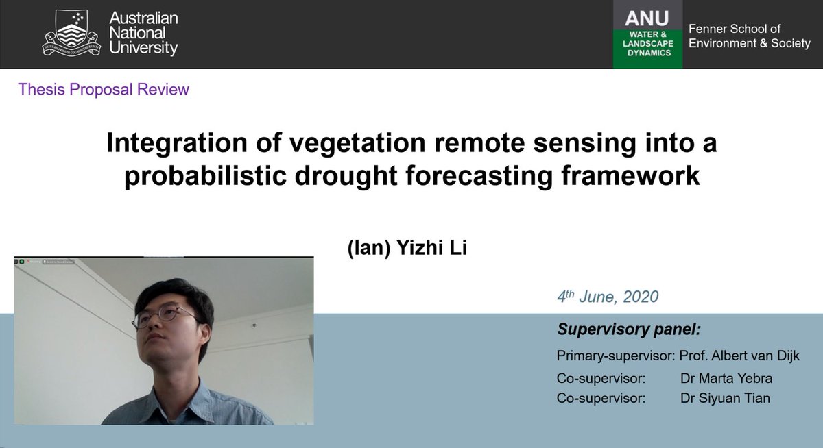 Myebra12's tweet photo. @liyizhi_anu presenting his Thesis Proposal at the
@ANUFennerSchool's HDR symposium. Clearly on track to hopefully make a significant impact on a very important topic: #droughtforecasting https://t.co/Gg9oYeYteY