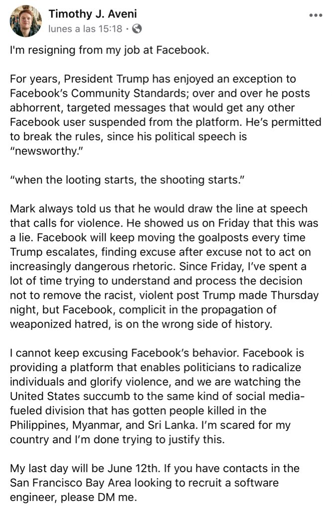 ItsAnonCentral's tweet photo. El ingeniero de software de Facebook renuncia, dice que Fb, cómplice de la propagación del odio armado, está en el lado equivocado de la historia, le ha permitido a Trump lo que no permite el resto y glorifica el contenido de la violencia que provocó asesinatos @YourAnonCentral https://t.co/br6O5HACir