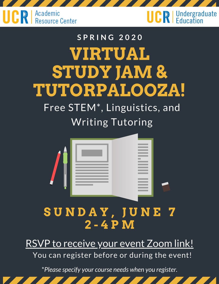 Study Jam is back! Join us online this Sunday, 06/07, from 2-4PM to work with STEM and Linguistics tutors to prepare for your finals and writing tutors for help with your essays! RSVP before or during the event to receive your Zoom link: ucrlc.wufoo.com/forms/m1drawj6…