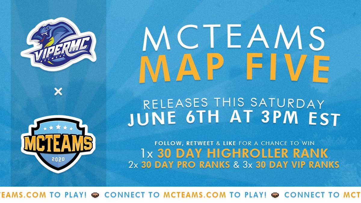 MCTeams_'s tweet image. Map #5 is almost here! 🍄

In celebration, we are giving away the following ranks:

• 1x Highroller Rank
• 2x PRO Rank
• 3x VIP rank

We are running polls regarding Map #5. Details in our discord below 💫
mcteams.com/discord