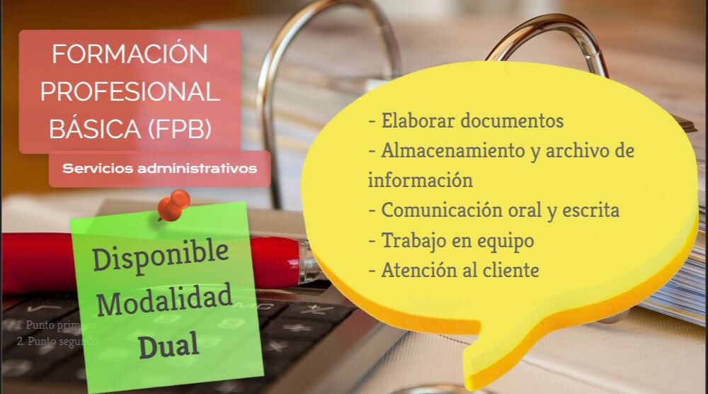 Conoce nuestra oferta formativa
.
Contamos con Ciclos formativos de grado medio y superior, formación profesional básica (servicios administrativos) y educación secundaria.