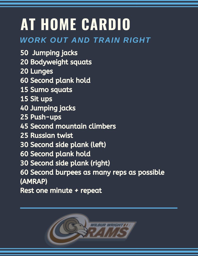 Wright_Rams's tweet photo. Uh-oh... Guess what day it is? 
yep... Hump day!!!
Who likes cardio? 🙋🏻‍♀️👋🏻🙋🏻👋🏻
Well try this fun workout💦💦
Do it once, twice, or three times through. Good luck and let us know what you think! https://t.co/Lu1XGgzd8R