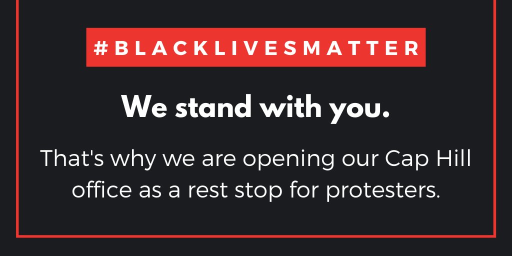 WashingtonBus's tweet photo. 1801 12th Ave, Suite A (northwest corner of 12th &amp; Howell) June 3rd from 1-11 PM. If you need a bathroom, water, medical supplies, sign making supplies, our staff will be collecting and distributing supplies at our Capitol Hill office to provide relief to protesters. https://t.co/2esF8kryrk