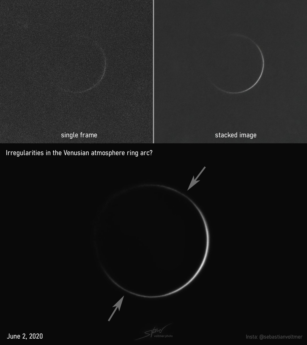 SeVoSpace's tweet photo. You see these irregularities in the Venusian atmosphere ring arc? I had the idea of using a Herschel Prism from @baader_astro and a RG-610 filter. It worked perfectly for the images of the inferior conjunction.
#venus #venusconjunction #venusring #astronomy #astrophotography https://t.co/zC6X52MDTX