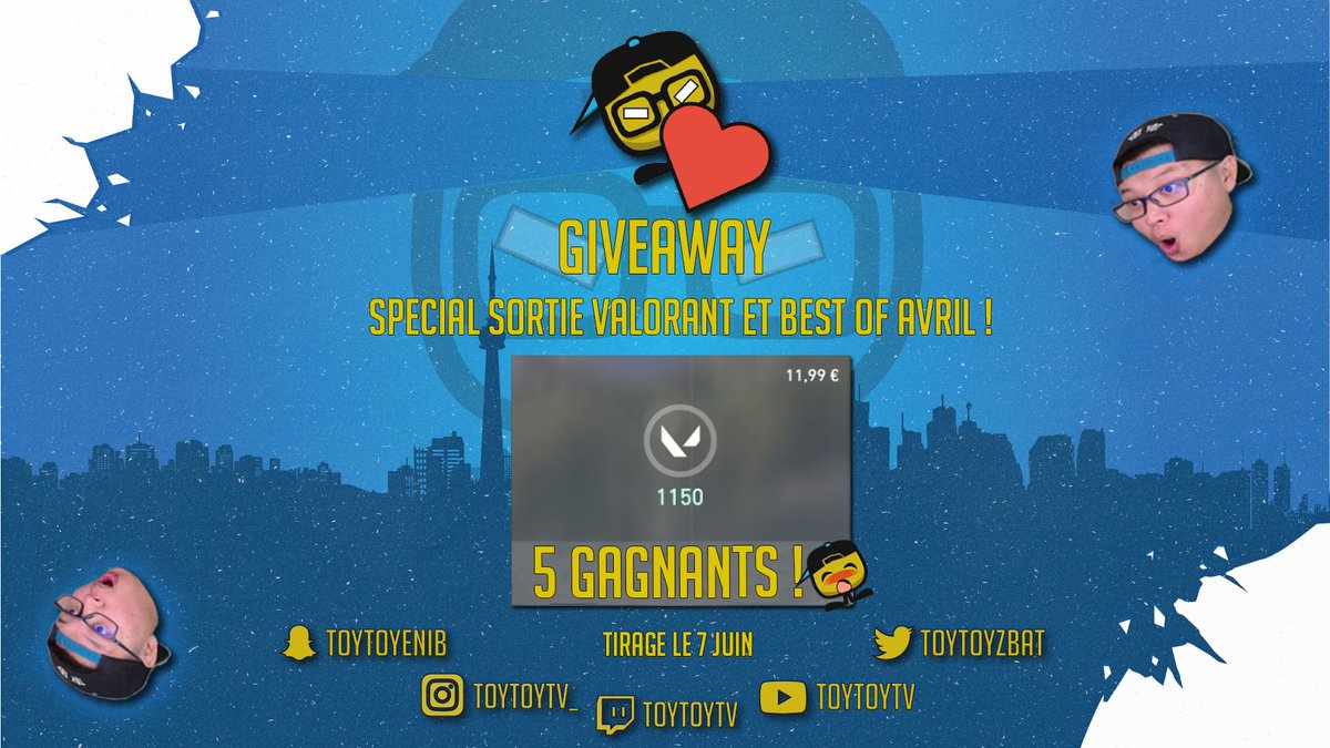 ToyToyZbat's tweet image. 🔥 Giveaway de 5x1150 Valorant points 🔥

On fête la sortie de @PlayVALORANT et la publication du nouveau best of !

🔔Tirage le 11th Juin 2020 🔔

Sinon on se retrouve sur la chaîne Twitch ToytoyTv !

Lien juste dessous ⬇️
bit.ly/304tHGR

#twitch #Valorant #giveaway