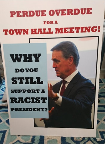 NewportLaura's tweet image. I've disliked @sendavidperdue since early in his term. No Town Halls. No communication considered unless it's from his GOP cronies. My dislike has become disgust. I made this sign for a protest against him. #gapol #gasen 

🇺🇸 VOTE FOR @TeresaTomlinson. #SendPerduePacking 🇺🇸