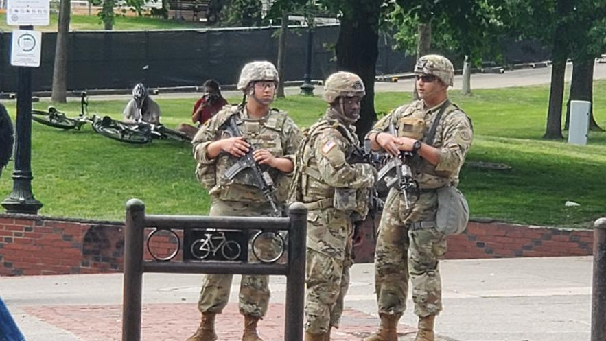 Leto's tweet photo. This is downtown Boston, 2:30pm EST. Today. There were many more I didn't feel safe taking pictures of. Armed soldiers are everywhere.

This is more than just suppressing peaceful protests, this is now suppressing the population. We're being invaded. https://t.co/c4PJ4ZR02D