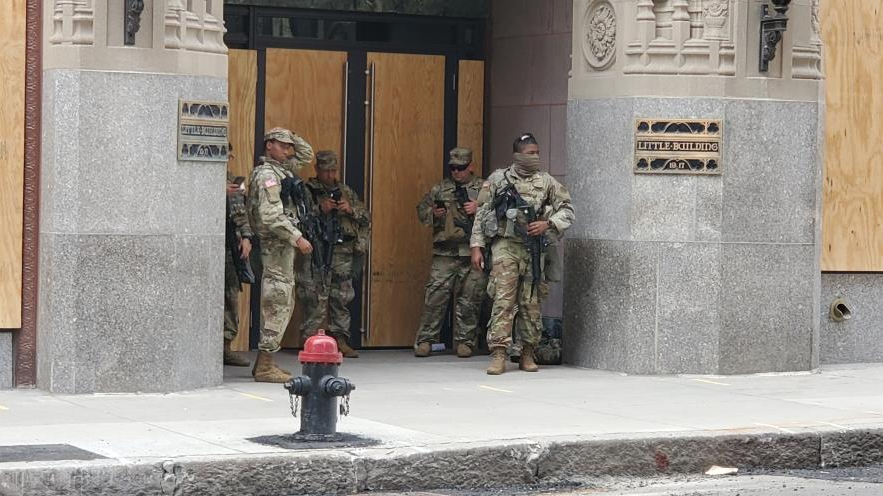 Leto's tweet photo. This is downtown Boston, 2:30pm EST. Today. There were many more I didn't feel safe taking pictures of. Armed soldiers are everywhere.

This is more than just suppressing peaceful protests, this is now suppressing the population. We're being invaded. https://t.co/c4PJ4ZR02D