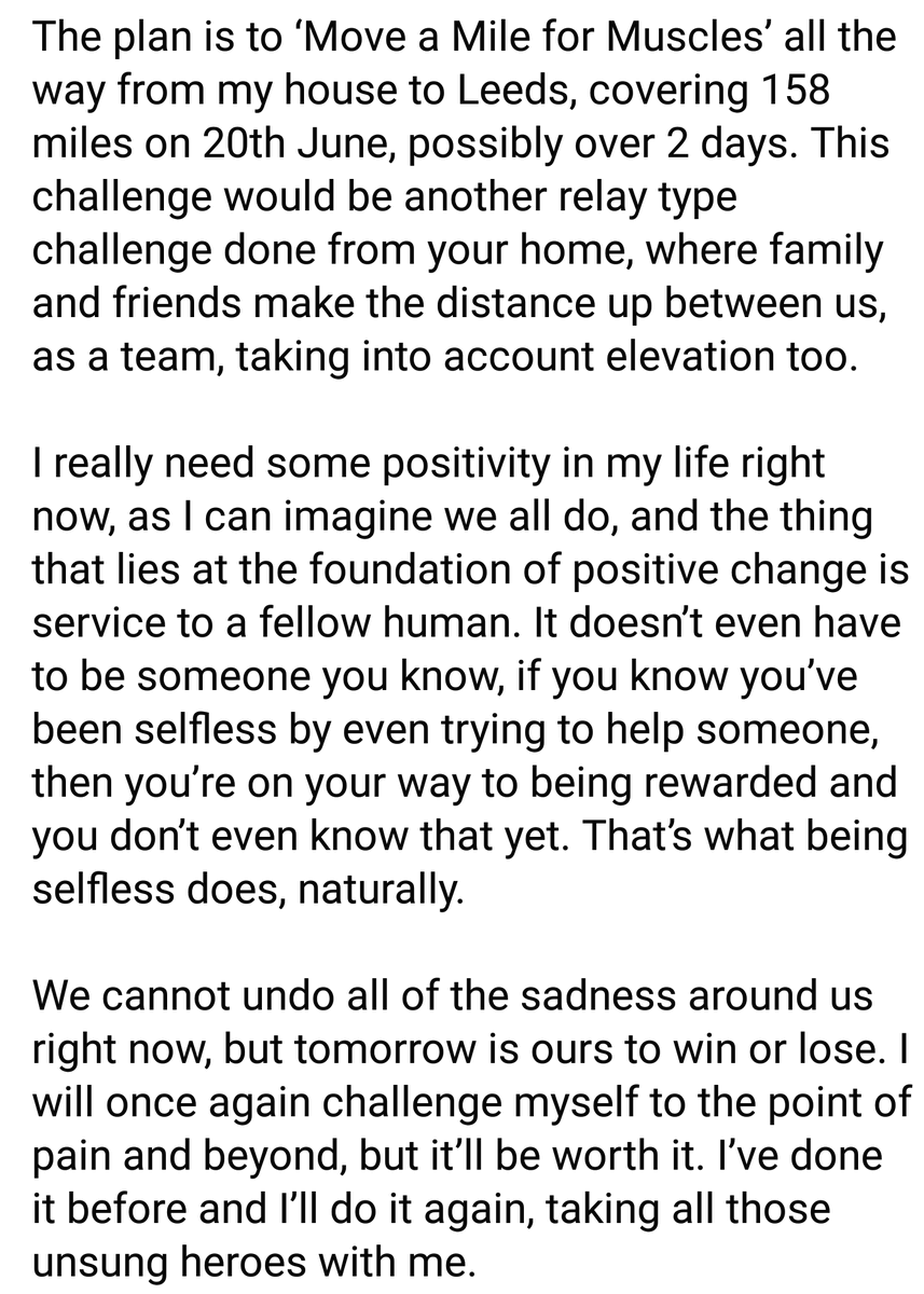 MusclesMartin's tweet photo. 20th June.
Another big challenge.
#MoveAMileforMuscles on a national scale!
#MusclesMatter
#BeSelfless https://t.co/Z9uZR7ijmX