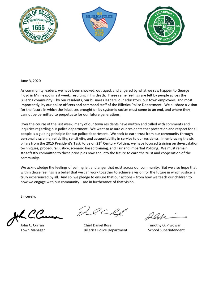 Please take a moment to read the statement from Chief Rosa of <a href="/BillericaPD/">Billerica Police MA</a>, Superintendent Piwowar of <a href="/BillericaPS/">Billerica Schools</a>, and Town Manager, John Curran regarding Civil Unrest.