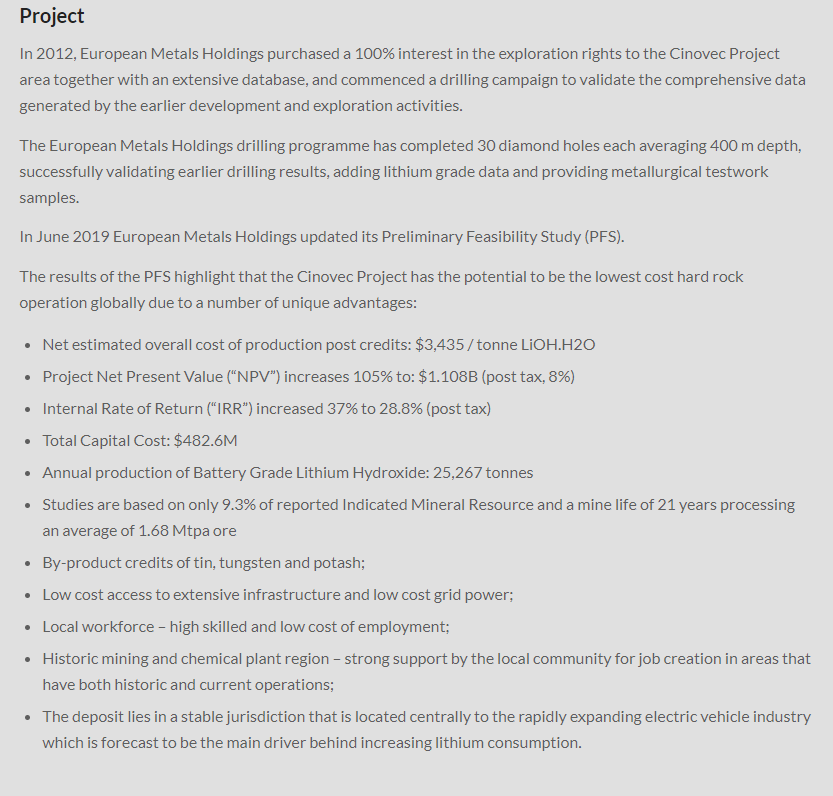  #KDNC  #Cadence MineralsEuropean Metals Holding  #EMH 16.10% •JORC resource 6.99mt•Net overall cost $3,435 / tonne LiOH.H2O•NPV $1.108B (post tax, 8%)•IRR 28.8% (post tax)•Total Capital Cost: $482.6MFully funded for DFS & FEED with JV £29M