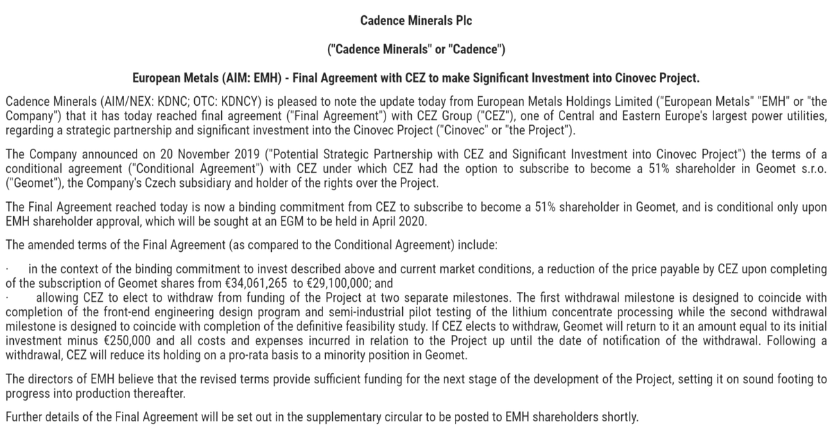  #KDNC  #Cadence MineralsEuropean Metals Holding  #EMH 16.10% •JORC resource 6.99mt•Net overall cost $3,435 / tonne LiOH.H2O•NPV $1.108B (post tax, 8%)•IRR 28.8% (post tax)•Total Capital Cost: $482.6MFully funded for DFS & FEED with JV £29M