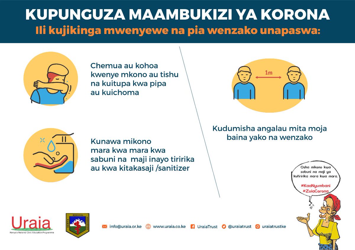 Lest we forget the basics of #COVID19KE prevention: 
1. maintain physical distance
2. wear a mask in public
3. cough into your bent elbow
4. wash hands/sanitize
5. minimize touching of face, mouth, ears, nose, eyes,
#flatteningthecurve #WeShallOvercome #SpreadKindness