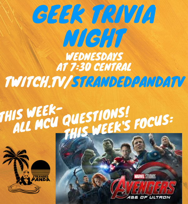 MCUCast's tweet image. I'm going to be leading MCU trivia over on my twitch channel tonight! Come hang at 7:30 if you need an hour or two of escapism.

7:00 Music
7:30 Trivia at
Games after!

#marvel  #mcu  #strandedpanda  #Trivia @MatthewCarrollm