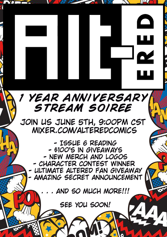 AlteredComic's tweet photo. We have come so far and all because of you! As a special thank you, please join us as we celebrate the journey and all those who have and will continue to walk with us. So much fun stuff and chances of winning a lot of prizes. Thank you again, this is because of and for you all! https://t.co/WItqpCJz59