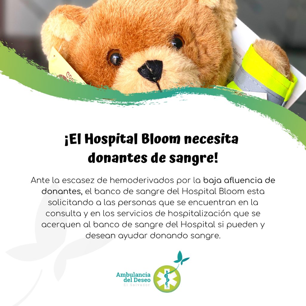 ambudeseos's tweet photo. ¡Los niños y niñas del Hospital Bloom nos necesitan! Dona sangre y salva #vidas 🙏🏻💚. #ElSalvador https://t.co/GI3mNgdZwk