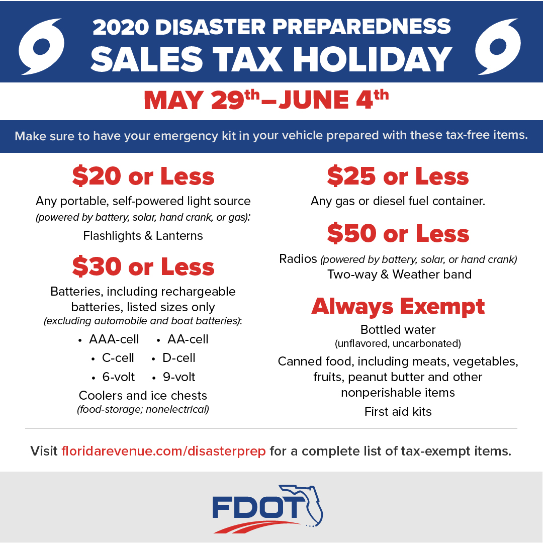 MyFDOT's tweet photo. Through June 4, Floridians can take advantage of the 2020 Disaster Preparedness Sales Tax Holiday by purchasing qualifying tax-exempt supplies. For a full list of items, visit https://t.co/0YfdDqFVIF. #DisasterPrep2020 https://t.co/pcLRGxrdRh