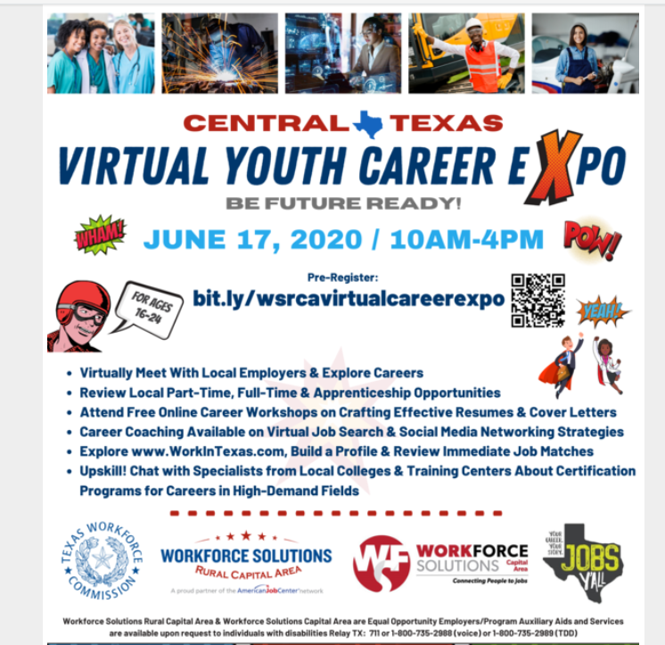 mica_peggy's tweet photo. Greater Austin region Youth Career Expo, June 17, 10am-4pm, for youth aged 16-24. Sponsored by @WFSRuralCapJobs and @wfscapitalarea Details:  https://t.co/HW4lXojPMP   @RoundRockISD @SheriVBonds @ld @academiesatcrhs @McneilAcademies @SpecialistLucy @sphsacademies @rrhs_academies https://t.co/dC2CBPG4kk