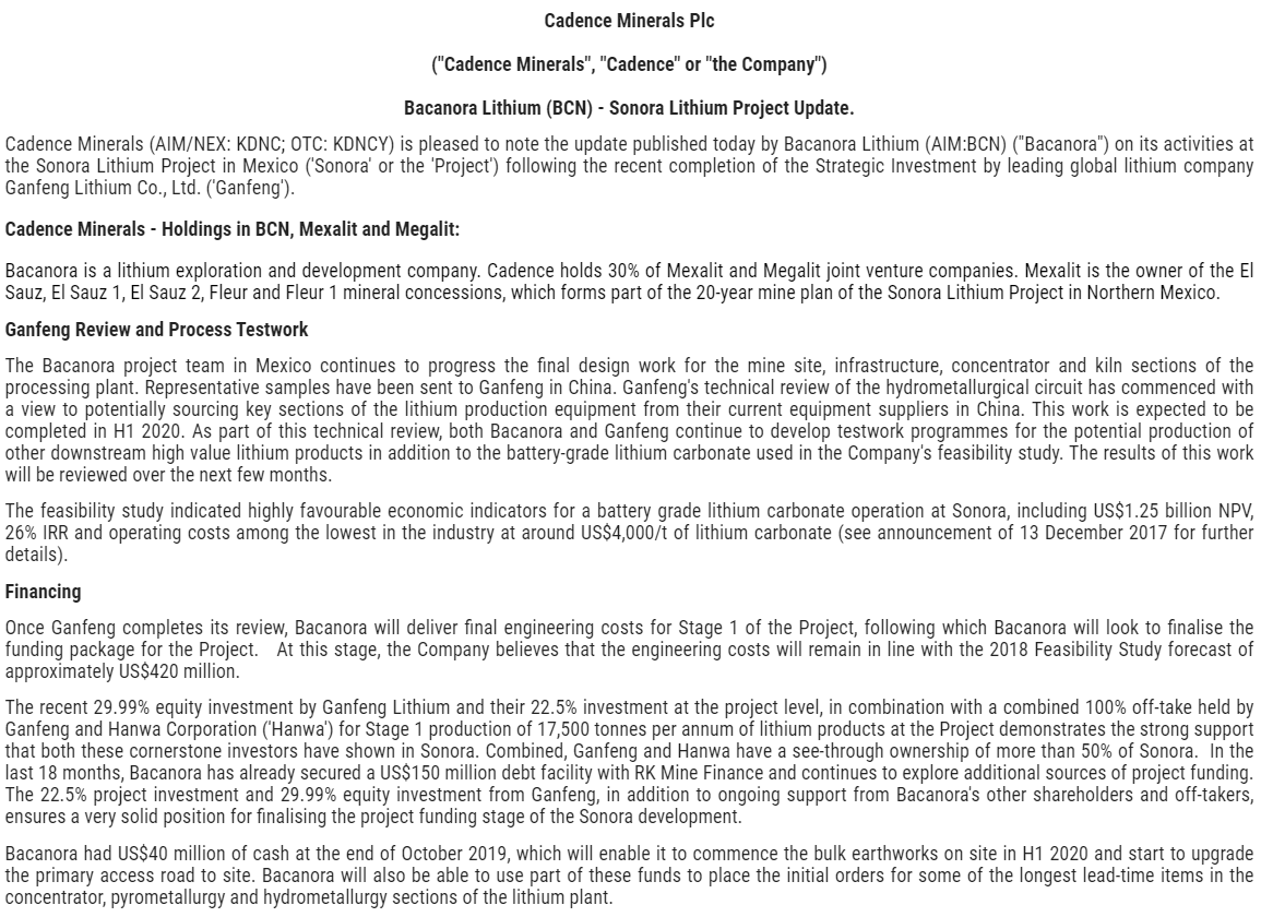  #KDNC  #Cadence MineralsBacanora Minerals  #BCN 30% JV in Mexalit•US$1.25 billion NPV •26% IRR•operating costs among the lowest in the industry at around US$4,000/t of lithium carbonate•Ganfeng & Hanwa 100% off-take stage1 10 years & 75% off-take stage 2