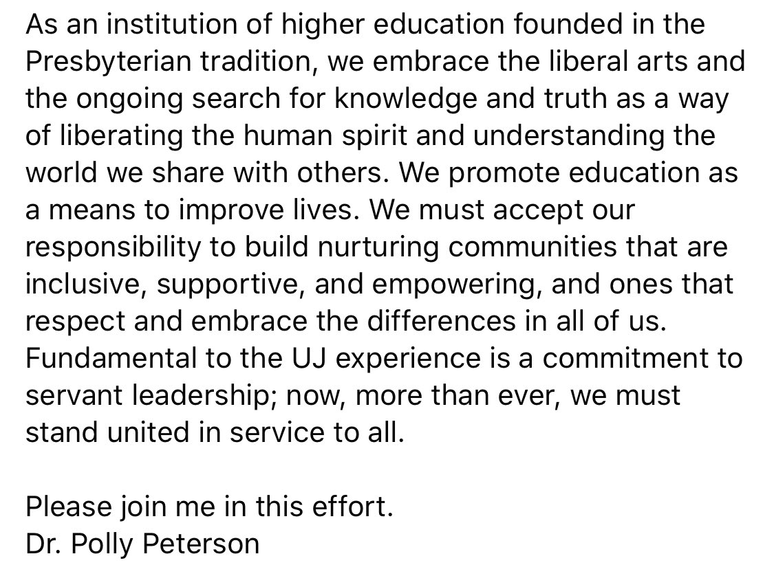 UJ_Jimmies's tweet photo. A message from President Polly Peterson. https://t.co/231hG7DXV2