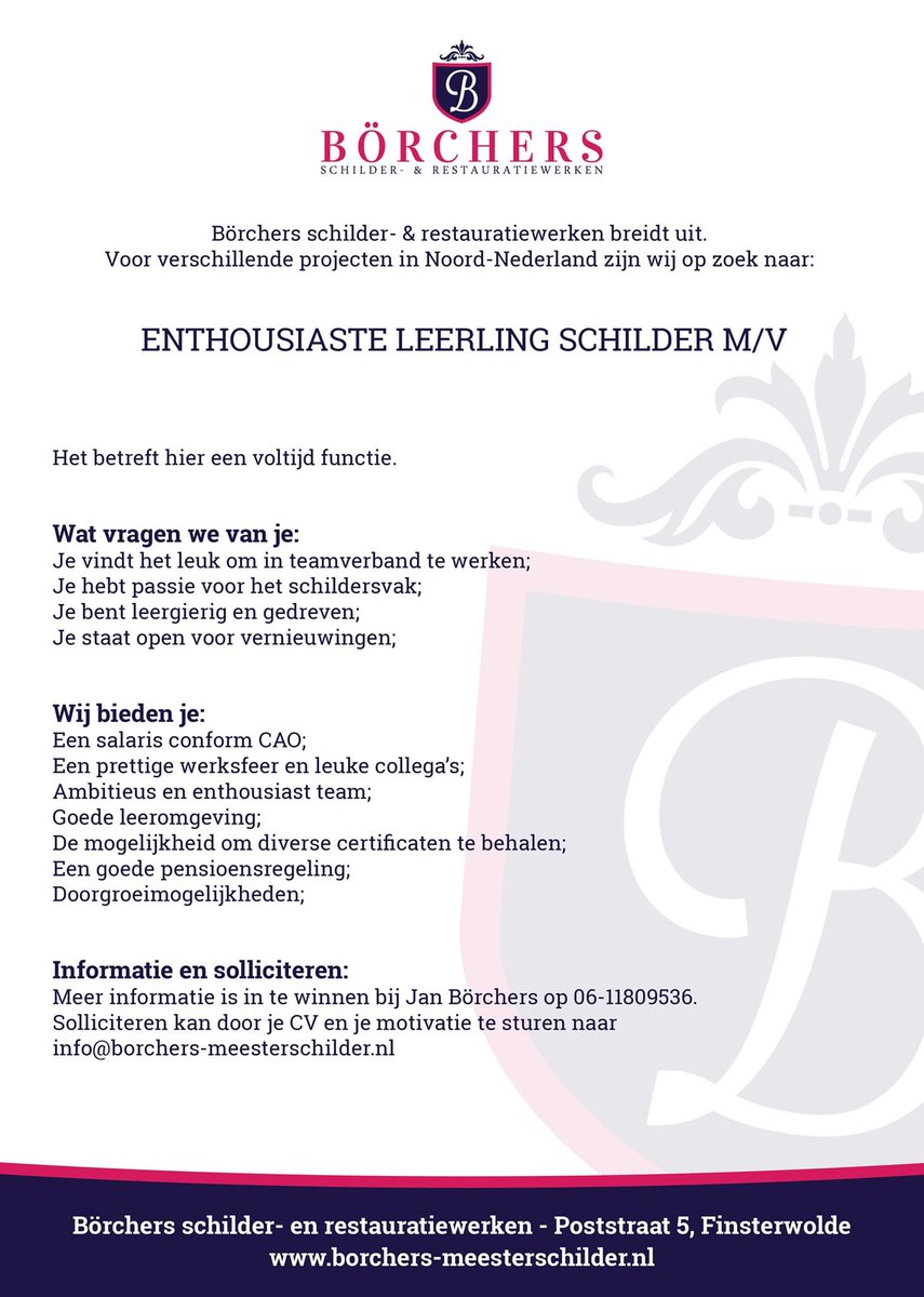 VACATURE LEERLING SCHILDER

Börchers schilder- &amp; restauratiewerken breidt uit. Daarom zijn wij voor verschillende projecten in Noord-Nederland op zoek naar een enthousiaste leerling schilder. 

Meer informatie over deze vacature kun je inwinnen bij Jan Börchers. ☎️ 06-11809536