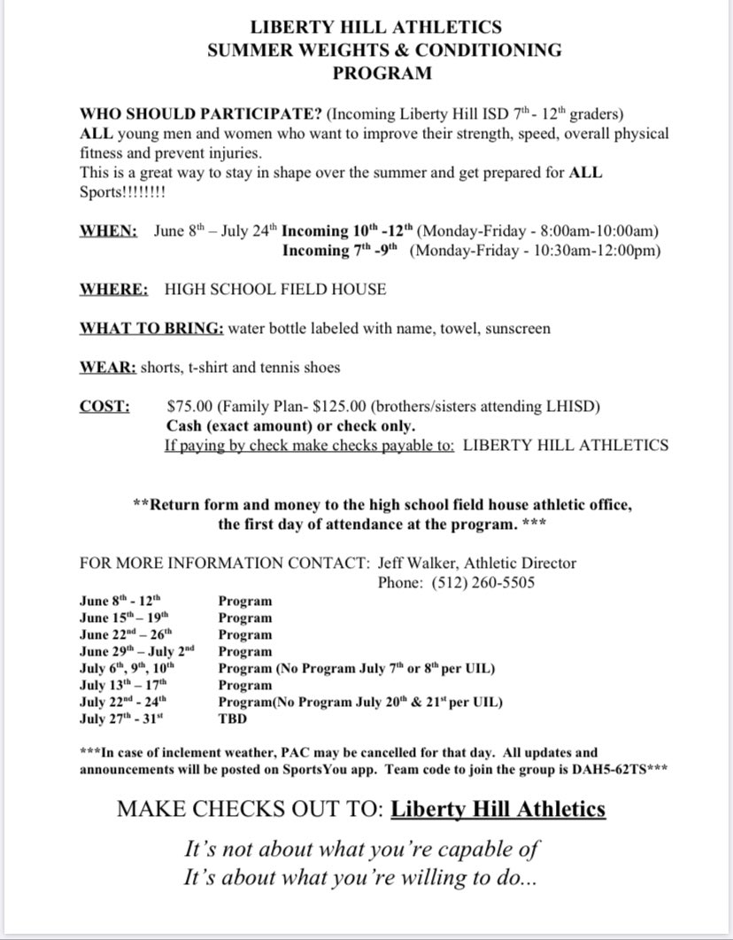 LibertyHillBB's tweet photo. Week 1 schedule:
PAC/Sport Specific Skills and Drills
Monday June 8th-Friday June 12th
🏈Football Skills 7am-8am
🏋️PAC  10th-12th grade 8am-10am
🏋️PAC 7th-9th grade 10:30am-12pm
⚾️Baseball Skills 10th-12th 12:30-1:30
⚾️Baseball Skills 8th-9th 1:45-2:45 https://t.co/7USgln5RSt