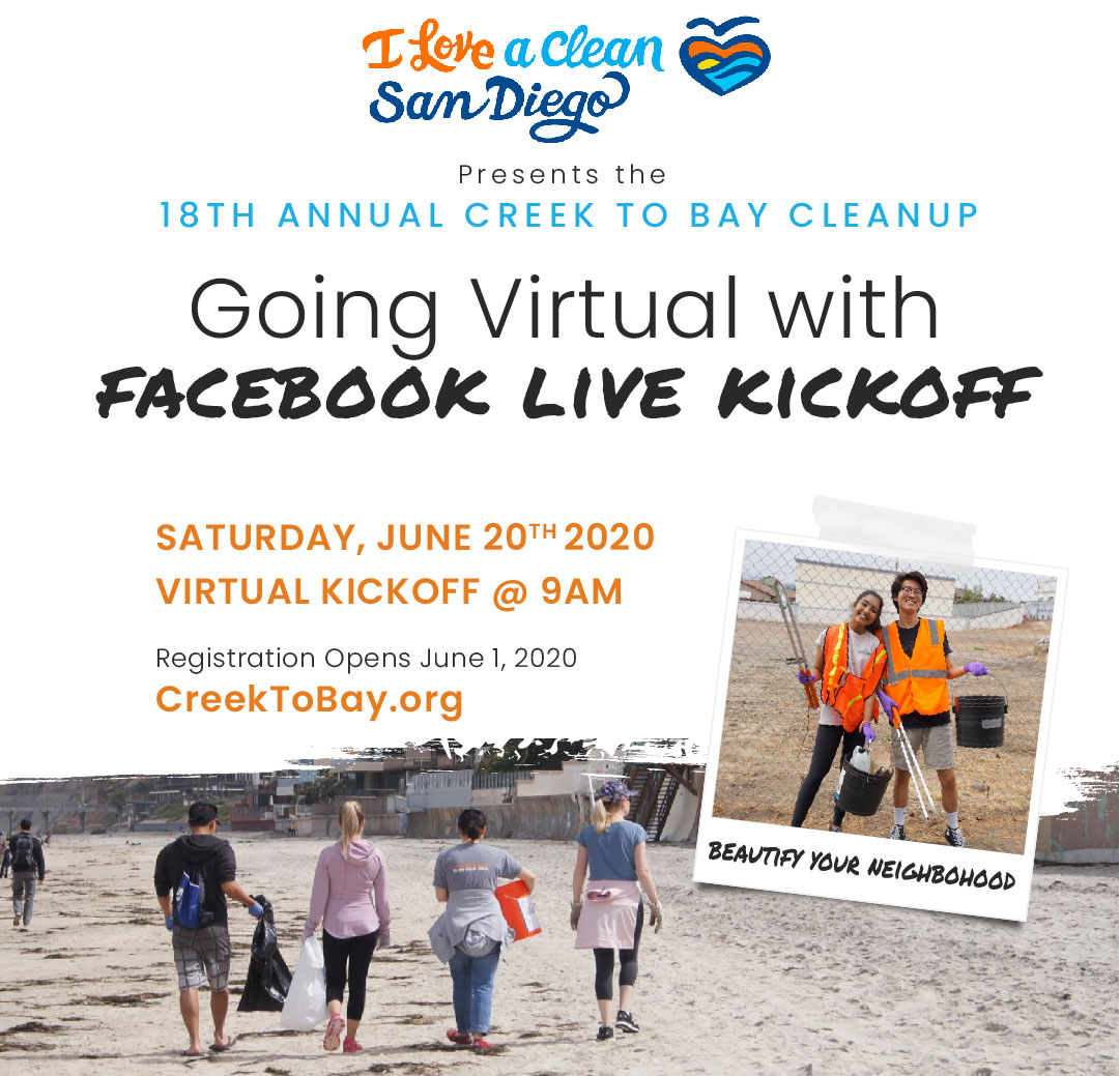 iloveacleansd's tweet photo. #CreektoBay2020 is going virtual! Set for the first day of summer, one of #SanDiegoCounty's largest environmental volunteer efforts will mobilize volunteers across the region with a Facebook Live Kickoff @ 9:00 AM, Saturday 6/20!

Learn more at https://t.co/iJ5pzEK8e9 https://t.co/JRkDcI6Aub