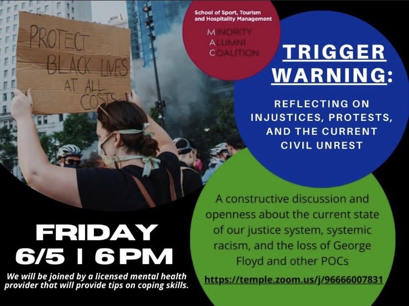 We invite you to engage in discussion hosted by <a href="/TempleSTHM/">STHM @ Temple Univ.</a>'s Minority Alumni Coalition regarding injustices, protests, and current civil unrest this Friday, June 5th at 6:00 PM.

Join via Zoom | temple.zoom.us/j/96666007831