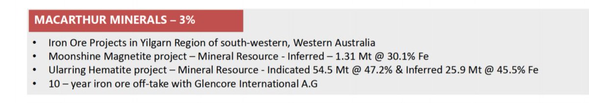  #KDNCMacarthur Minerals 4.1% @ 28/5/203 gold/2 lithium/4 iron projectsLake Giles Iron Project has 10 year off-take with GlencoreResearch reporthttp://116.90.63.236/~macarth1/wp-content/uploads/2019/12/BreakawayResearch_Macarthur-Minerals-October-Report-2019-Final.pdf
