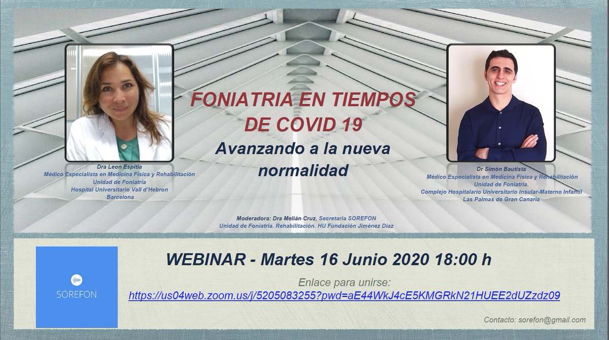 sorefon's tweet photo. Les invitamos a asistir a nuestro WEBINAR el próximo 16 junio 2020 a las 18:00h.
"FONIATRIA EN TIEMPO DE COVID 19: Avanzando a la nueva normalidad." #Covid_19 #rehabilitacion #foniatria 
Enlace para unirse:
https://t.co/jCkk8nTaBo https://t.co/aHpC5KxGfb